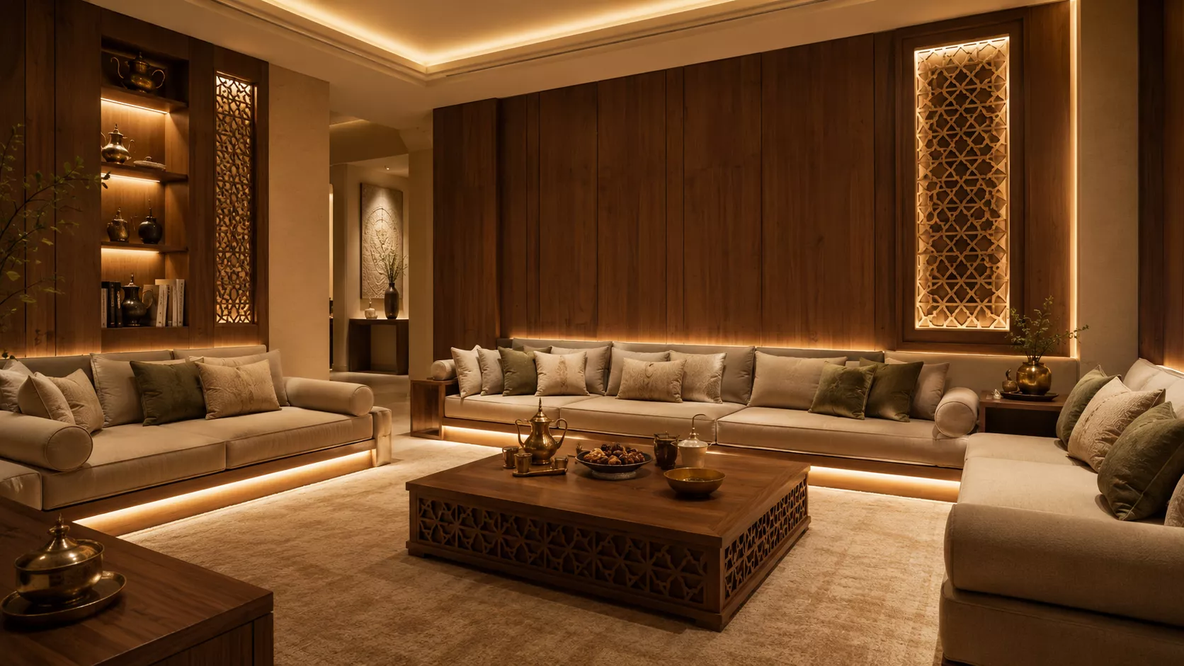 Warm Family Majlis Interior A family room with warm lighting highlights the elegance of the home.